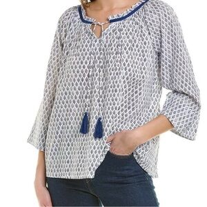 Pomegranate size large NWT‎ blue and white vneck tie tassels sheer cotton blouse
